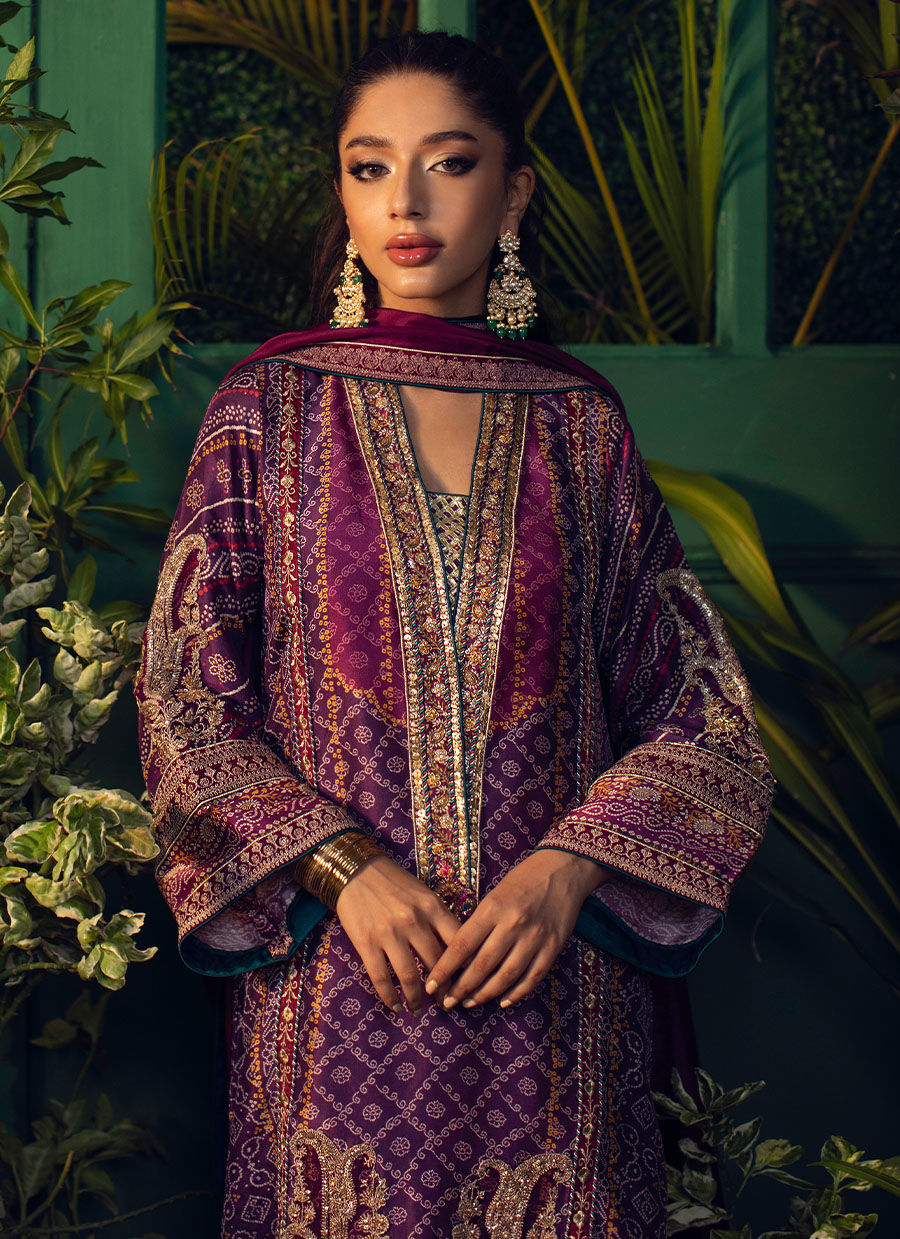Farah Talib Aziz | Designer Picks 24 | SETAREH PURPLE CHUNRI KURTA WITH PURE SILK OMBRE DUPATTA