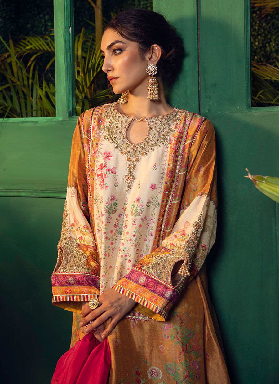 Farah Talib Aziz | Designer Picks 24 | ROSHAN PRINTED RAW SILK KURTA WITH SILK OMBRE DUPATTA