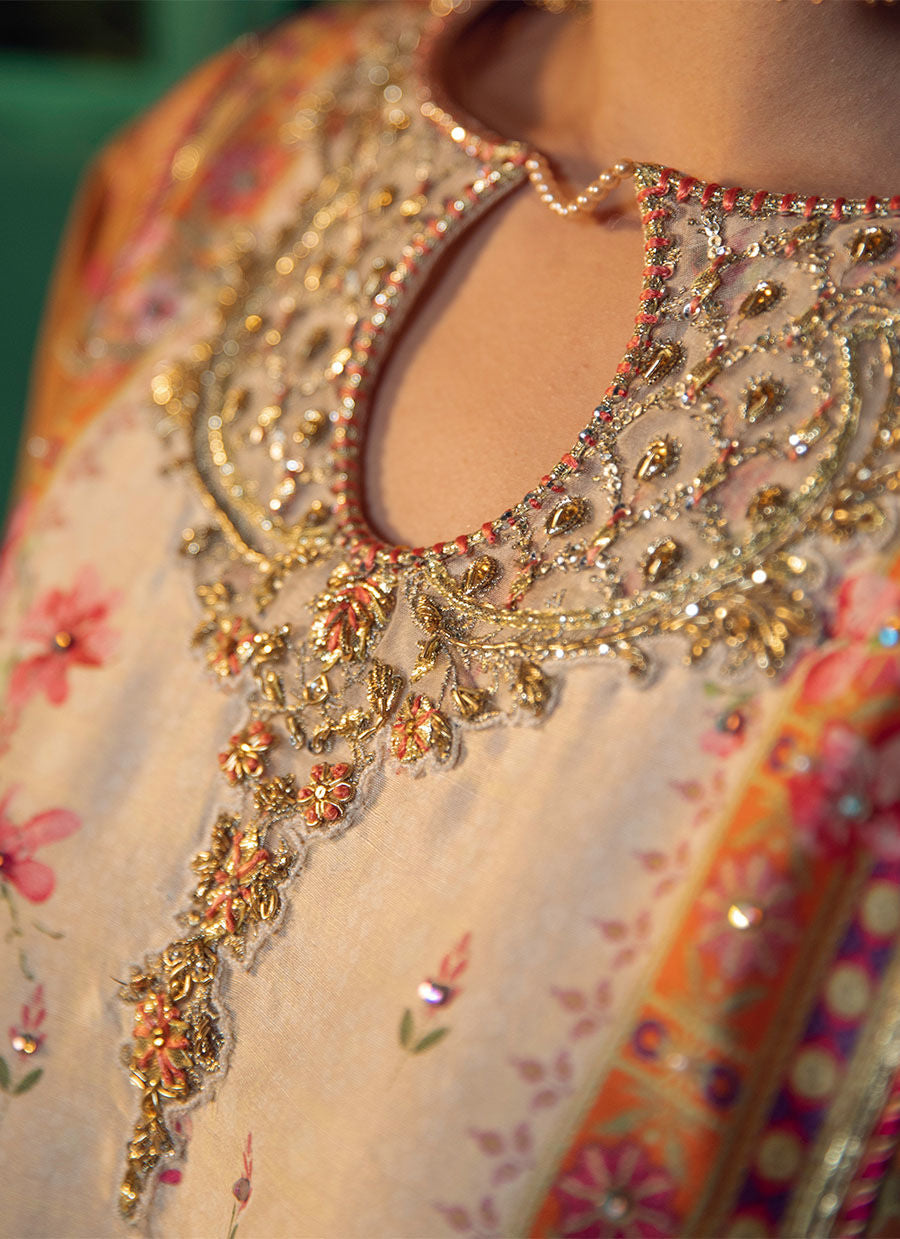 Farah Talib Aziz | Designer Picks 24 | ROSHAN PRINTED RAW SILK KURTA WITH SILK OMBRE DUPATTA
