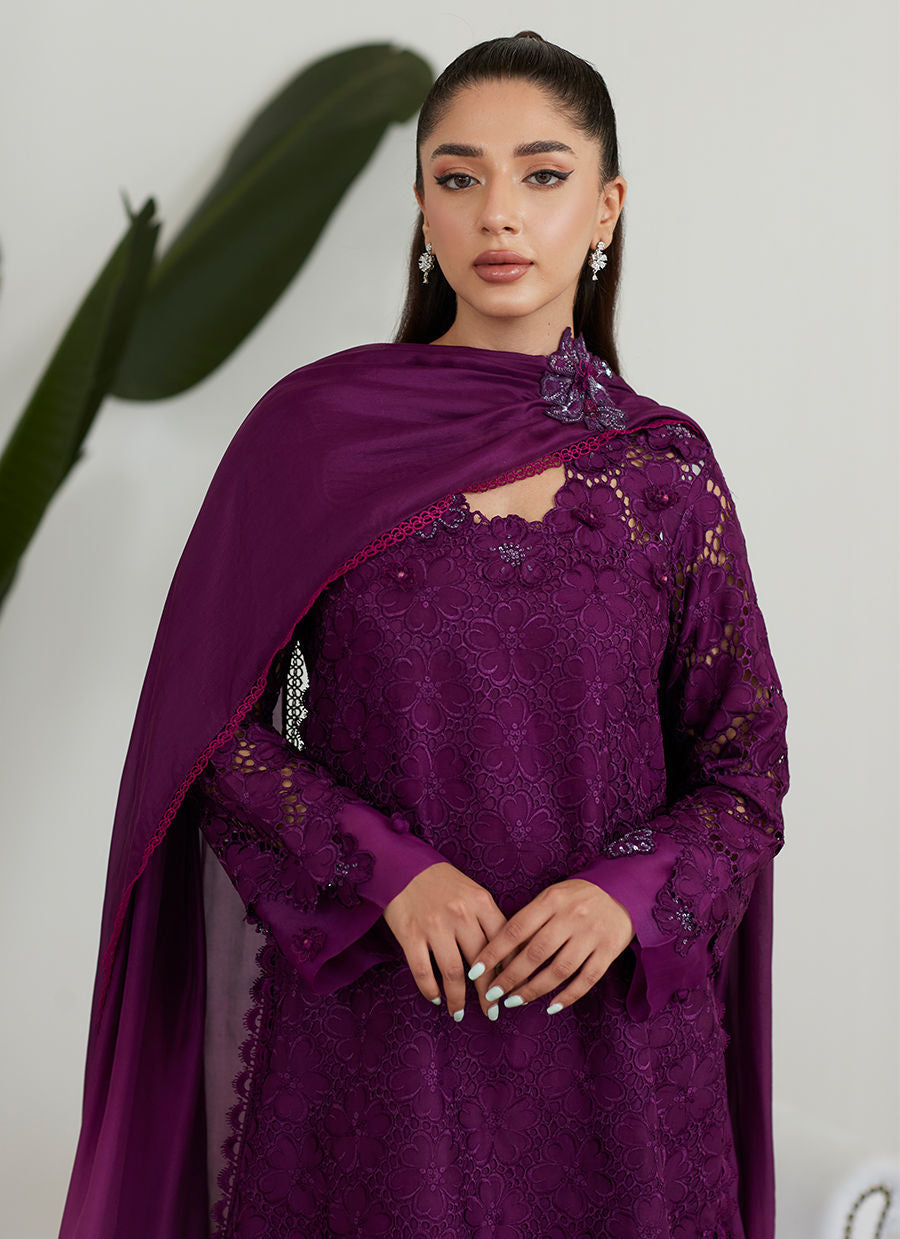 Farah Talib Aziz | Designer Picks 24 | SANGRIA SILK CUTWORK SHIRT WITH PRE DRAPED DUPATTA