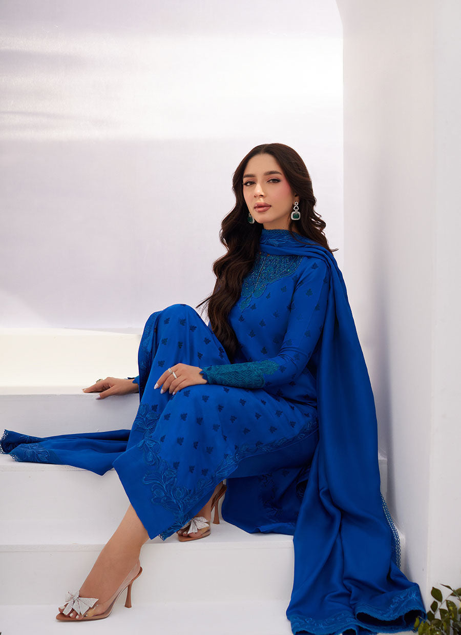 Farah Talib Aziz | Designer Picks 24 | CHARR BLUE EMBROIDERED RAW SILK SHIRT AND DUPATTA