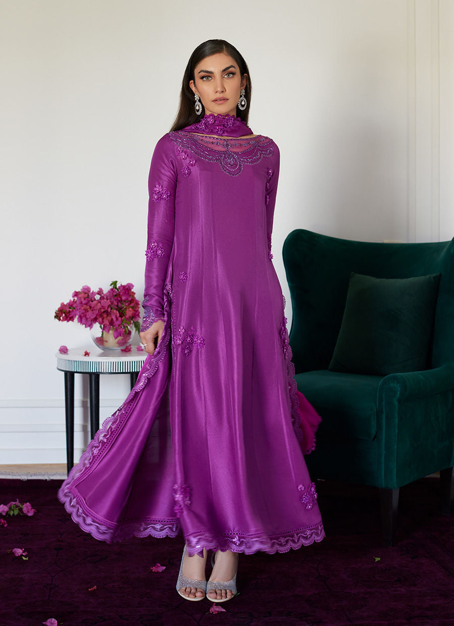 Farah Talib Aziz | Designer Picks 24 | TIERRA MUTED MAGENTA EMBROIDERED RAW SILK KALIDAR WITH DUPATTA