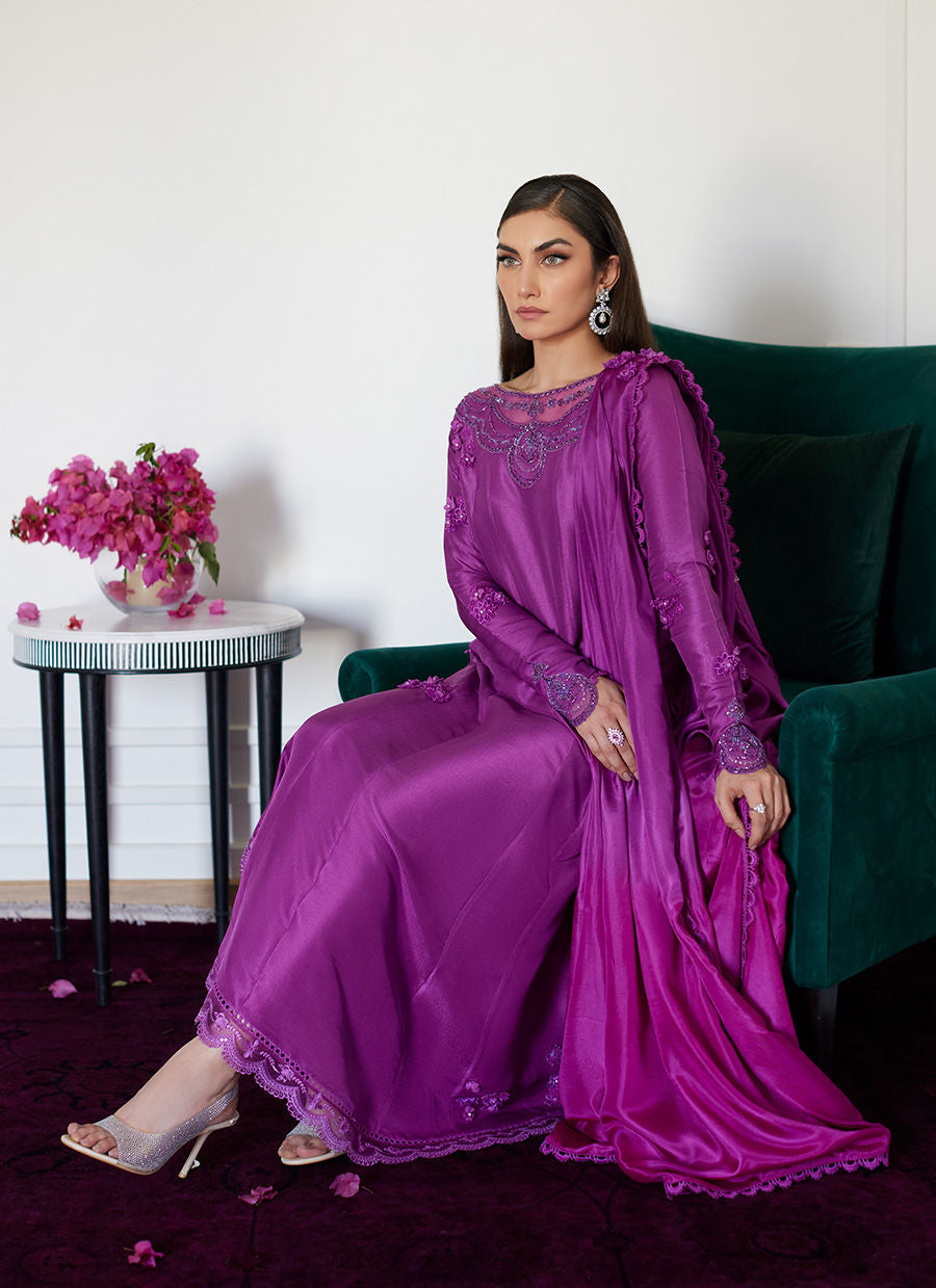 Farah Talib Aziz | Designer Picks 24 | TIERRA MUTED MAGENTA EMBROIDERED RAW SILK KALIDAR WITH DUPATTA
