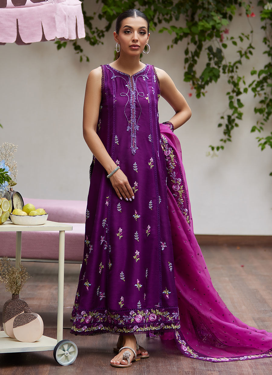 Farah Talib Aziz | Designer Picks 24 | IRINA PLUM EMBROIDERED RAW SILK SHIRT WITH DUPATTA