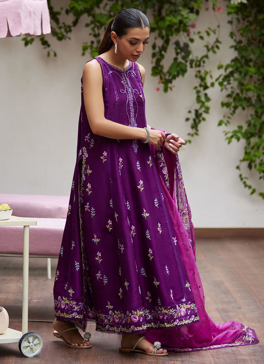 Farah Talib Aziz | Designer Picks 24 | IRINA PLUM EMBROIDERED RAW SILK SHIRT WITH DUPATTA