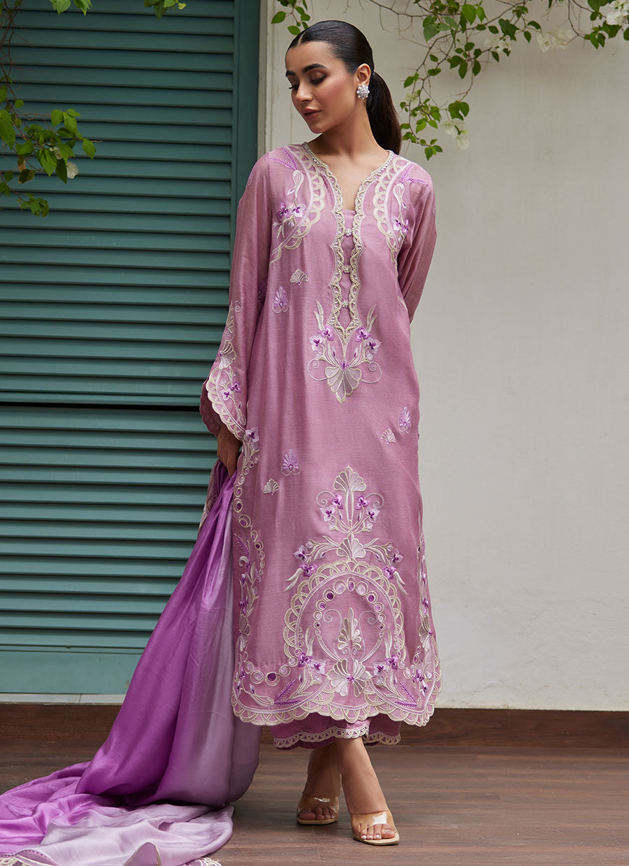 Farah Talib Aziz | Designer Picks 24 | IVAN MAUVE EMBROIDERED COTTON NET SHIRT WITH MEDIUM SILK DUPATTA