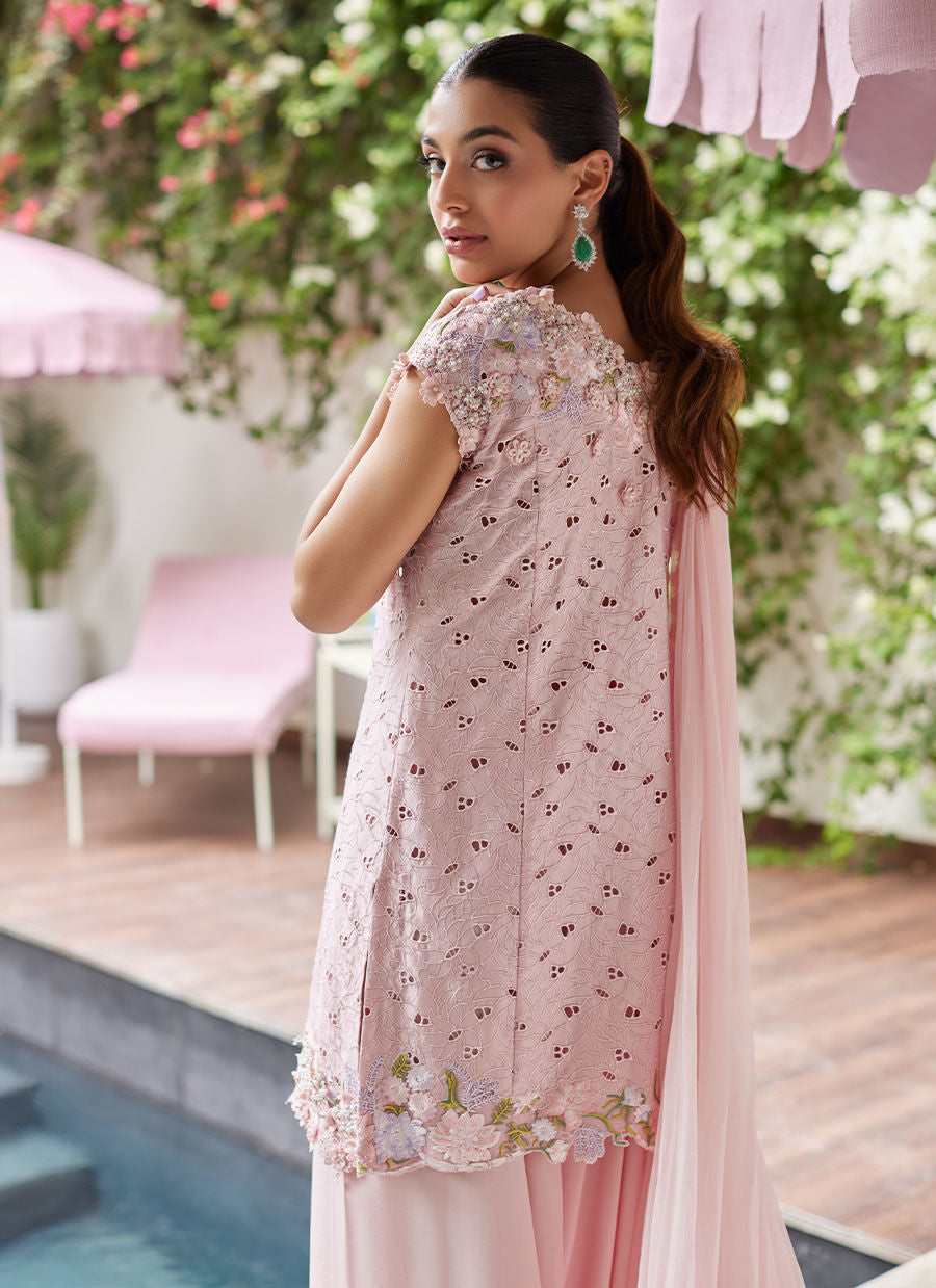 Farah Talib Aziz | Designer Picks 24 | KARINA BLUSH SCHIFFLI RAW SILK SHIRT WITH PRE-DRAPED DUPATTA