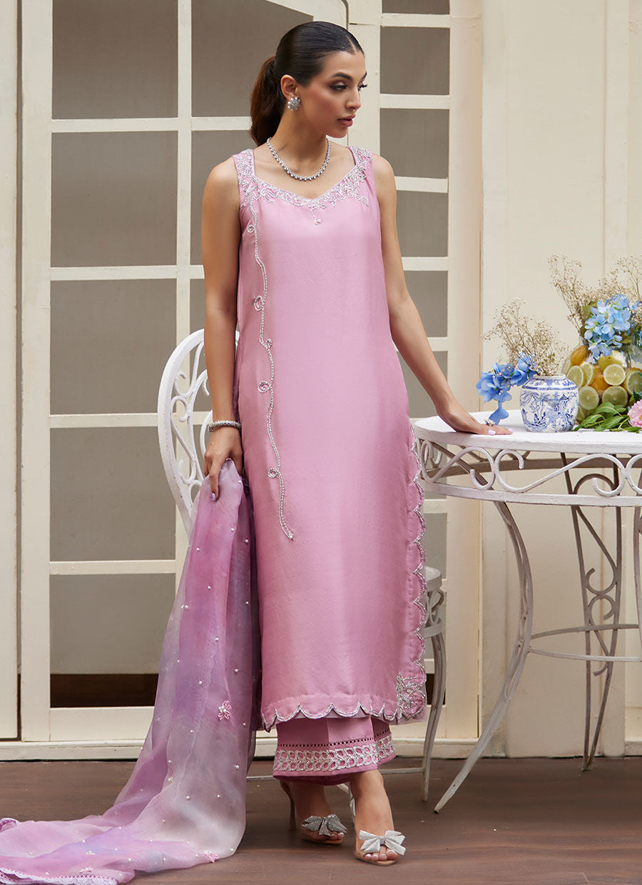 Farah Talib Aziz | Designer Picks 24 | NINEL LILAC EMBELLISHED RAW SILK SHIRT WITH PRINTED ORGANZA DUPATTA