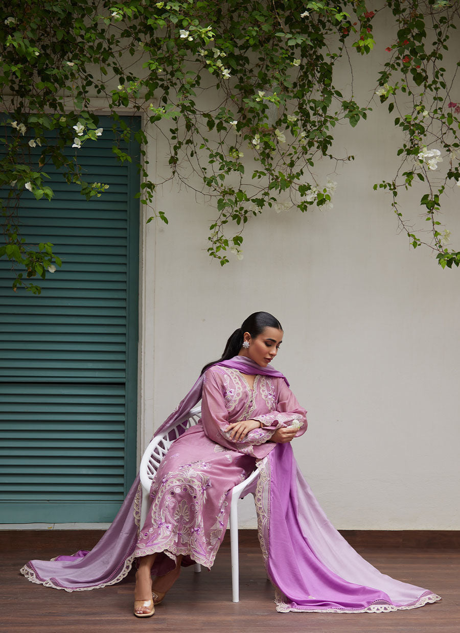Farah Talib Aziz | Designer Picks 24 | IVAN MAUVE EMBROIDERED COTTON NET SHIRT WITH MEDIUM SILK DUPATTA