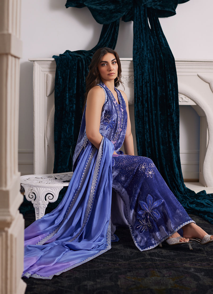 Farah Talib Aziz | Velvets The After Party | ISABEL PERIWINKLE SHIRT AND DUPATTA