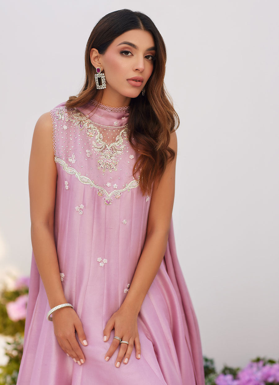 Farah Talib Aziz | Zaza Luxe Pret 24 | CECE MAUVE EMBELLISHED RAW SILK KALIDAR WITH CHARMUESE DUPATTA