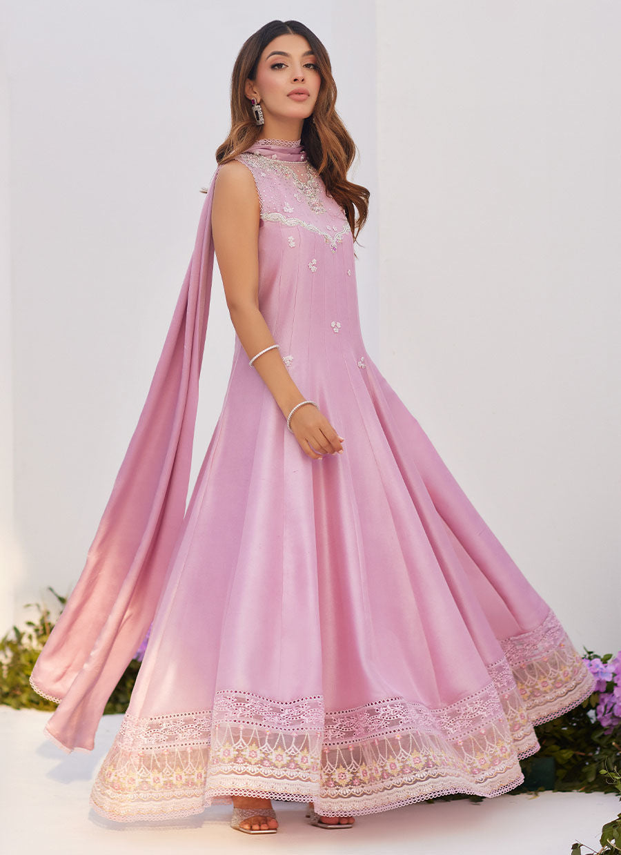 Farah Talib Aziz | Zaza Luxe Pret 24 | CECE MAUVE EMBELLISHED RAW SILK KALIDAR WITH CHARMUESE DUPATTA