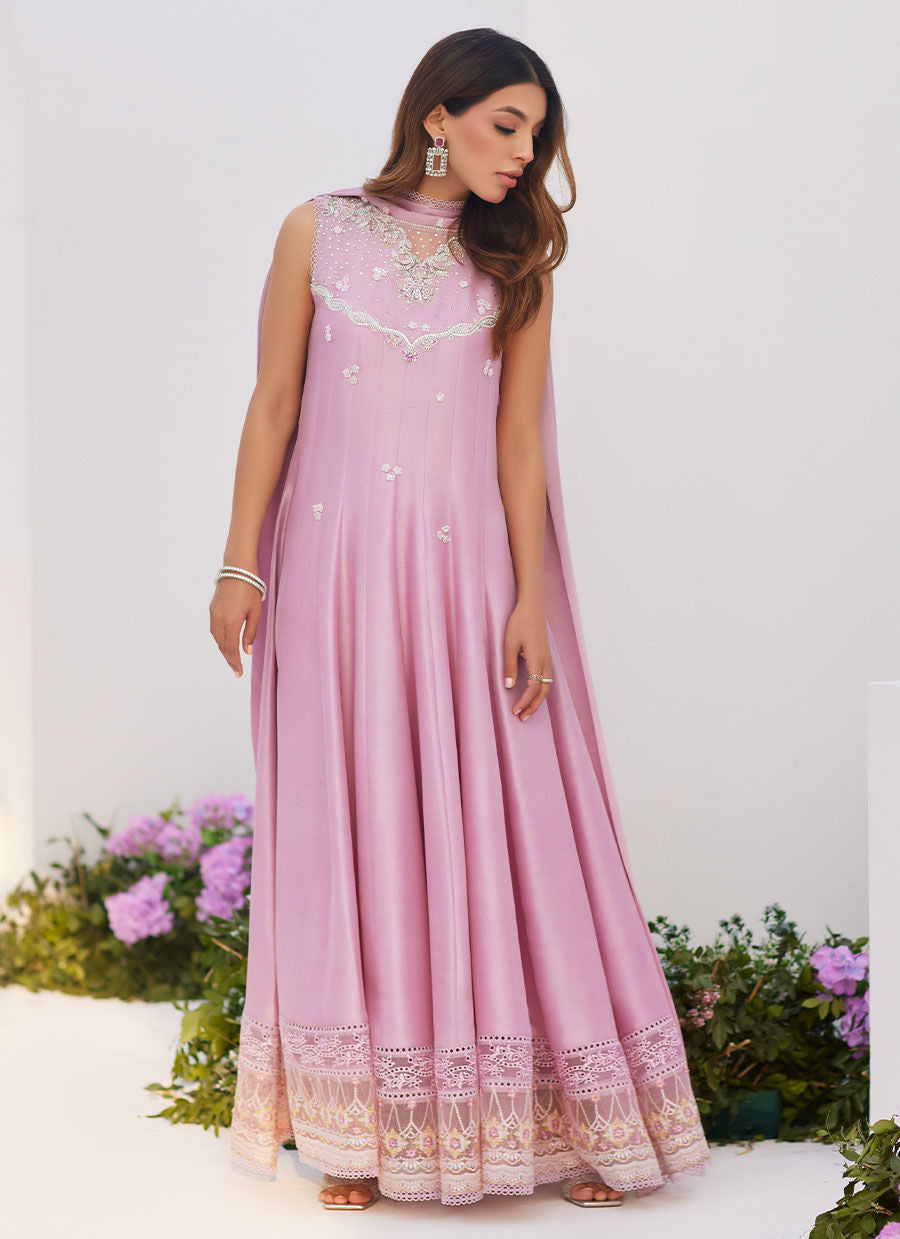 Farah Talib Aziz | Zaza Luxe Pret 24 | CECE MAUVE EMBELLISHED RAW SILK KALIDAR WITH CHARMUESE DUPATTA