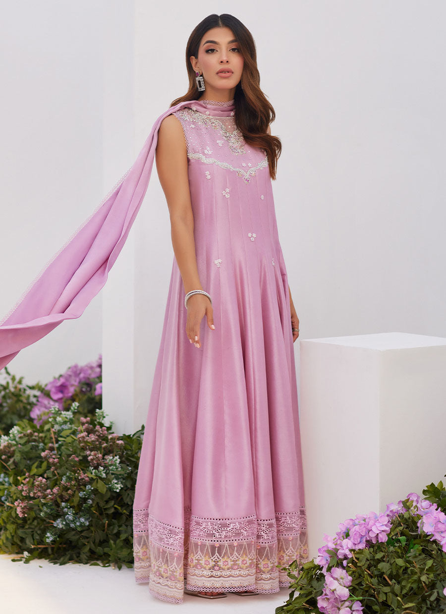 Farah Talib Aziz | Zaza Luxe Pret 24 | CECE MAUVE EMBELLISHED RAW SILK KALIDAR WITH CHARMUESE DUPATTA