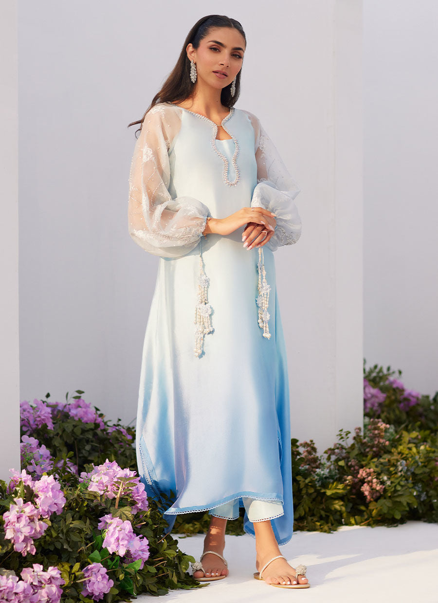 Farah Talib Aziz | Zaza Luxe Pret 24 | BOW OMBRE BLUE EMBELLISHED KAFTAN CUT SHIRT