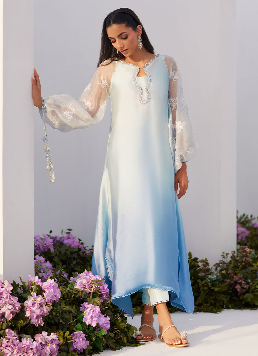 Farah Talib Aziz | Zaza Luxe Pret 24 | BOW OMBRE BLUE EMBELLISHED KAFTAN CUT SHIRT