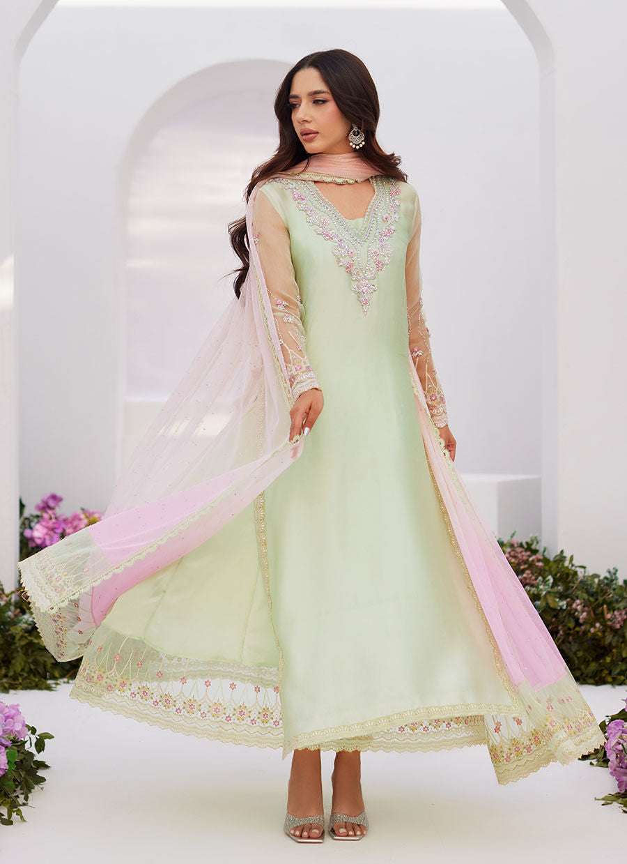 Farah Talib Aziz | Zaza Luxe Pret 24 | COLLETTE MINT OMBRE EMBELLISHED COLUMN SHIRT WITH KALIDAAR WITH EMBROIDERED SLIP