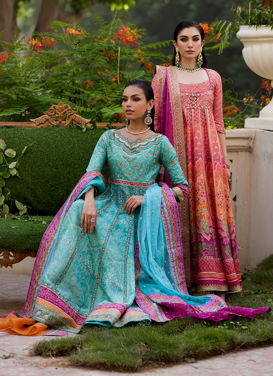 Farah Talib Aziz | Mayna Festive Prints 24 | Zaiba Turquoise Kalidaar