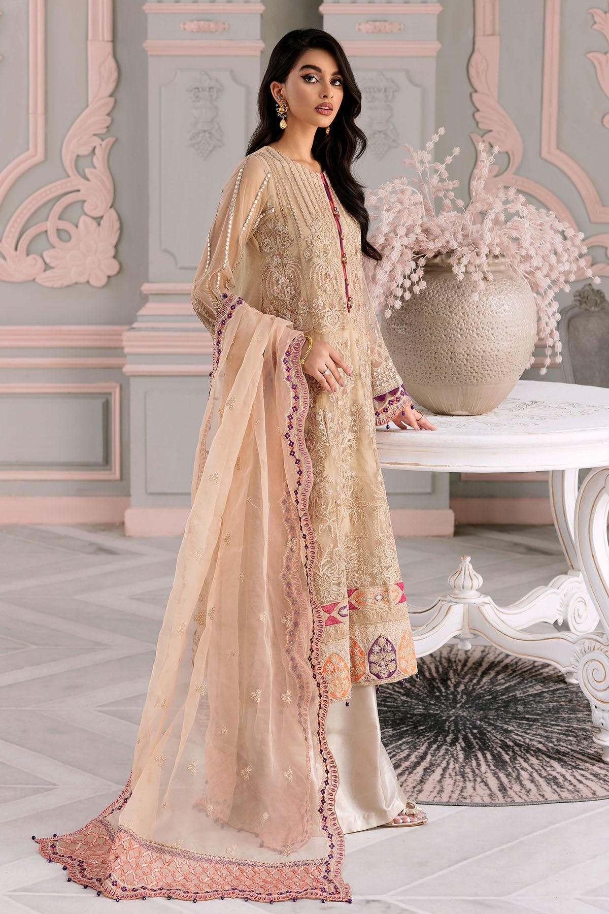 Motifz-3391-LENTERNITE EMBROIDERED SILK NET - Riwayat-e-khas