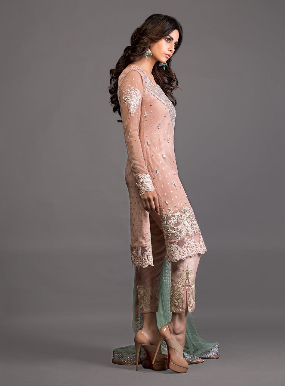 Zainab Chottani | Semi Formals | SALMON PINK AND PISTACHIO GREEN EMBELLISHED OUTFIT