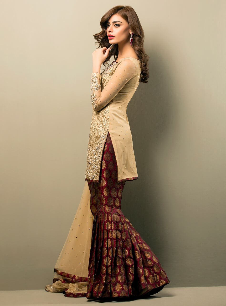 Zainab Chottani | Semi Formals | BEIGE GOLD AND MAROON
