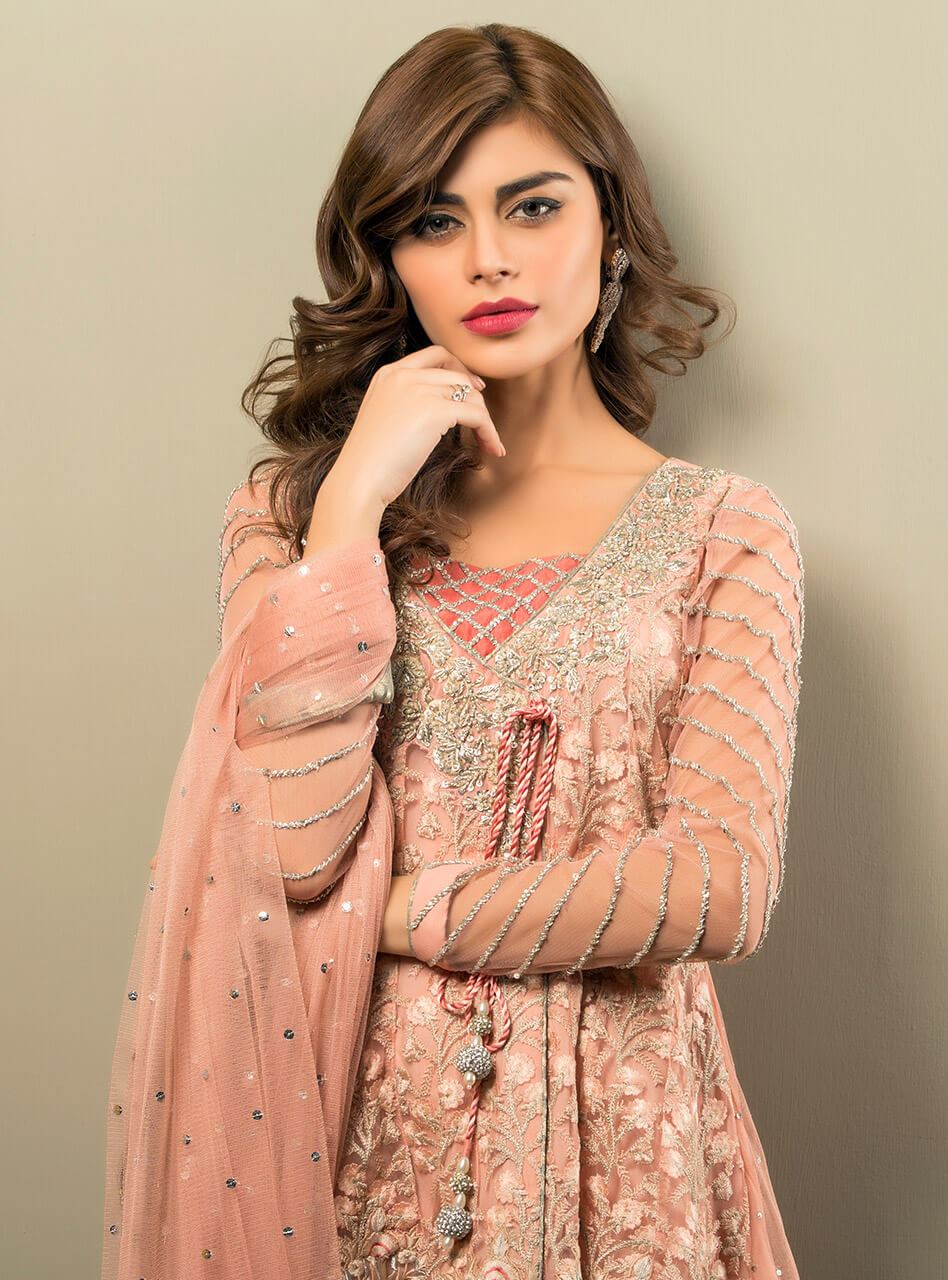Zainab Chottani | Semi Formals | SALMON PINK ANGRAKHA