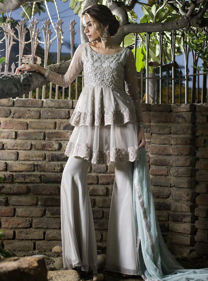 Zainab Chottani | Semi Formals | ASH WHITE AND ICE BLUE