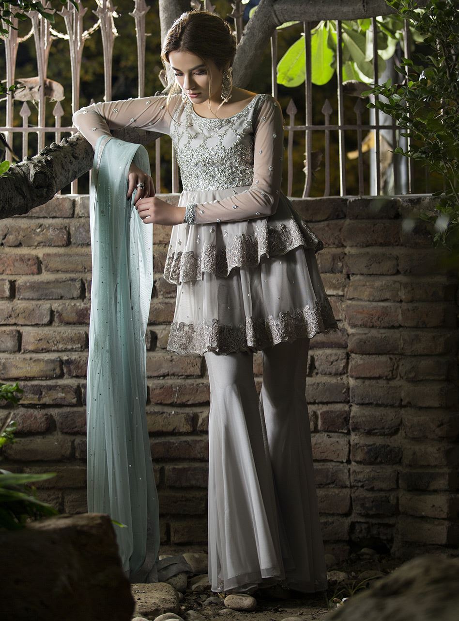 Zainab Chottani | Semi Formals | ASH WHITE AND ICE BLUE