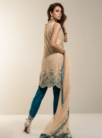 Zainab Chottani | Semi Formals | BEIGE GOLD WITH TEAL DRESS