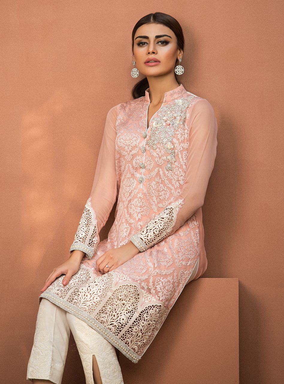 Zainab Chottani | Luxury Pret | SALMON PINK CHIFFON SHIRT