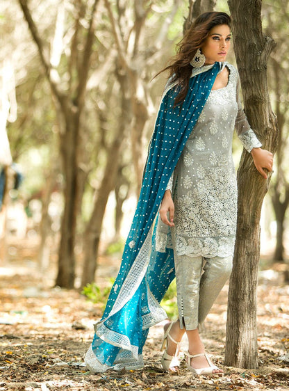 Zainab Chottani | Semi Formals | SILVER AND TEAL DRESS