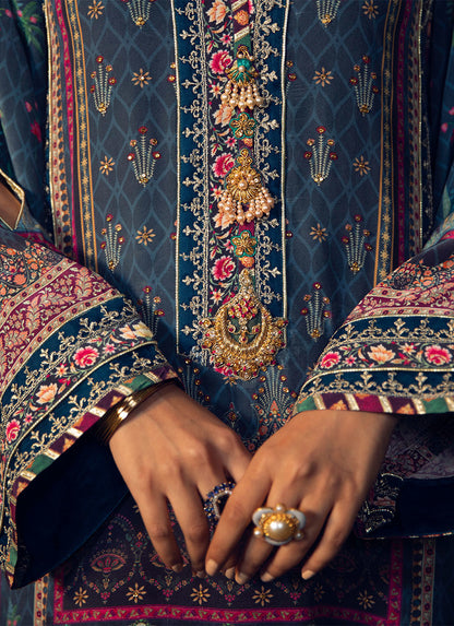 Farah Talib Aziz | Designer Picks 24 | IRAAN NAVY PRINTED CREPE SILK KURTA WITH SILK OMBRE DUPATTA