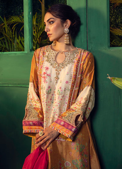 Farah Talib Aziz | Designer Picks 24 | ROSHAN PRINTED RAW SILK KURTA WITH SILK OMBRE DUPATTA