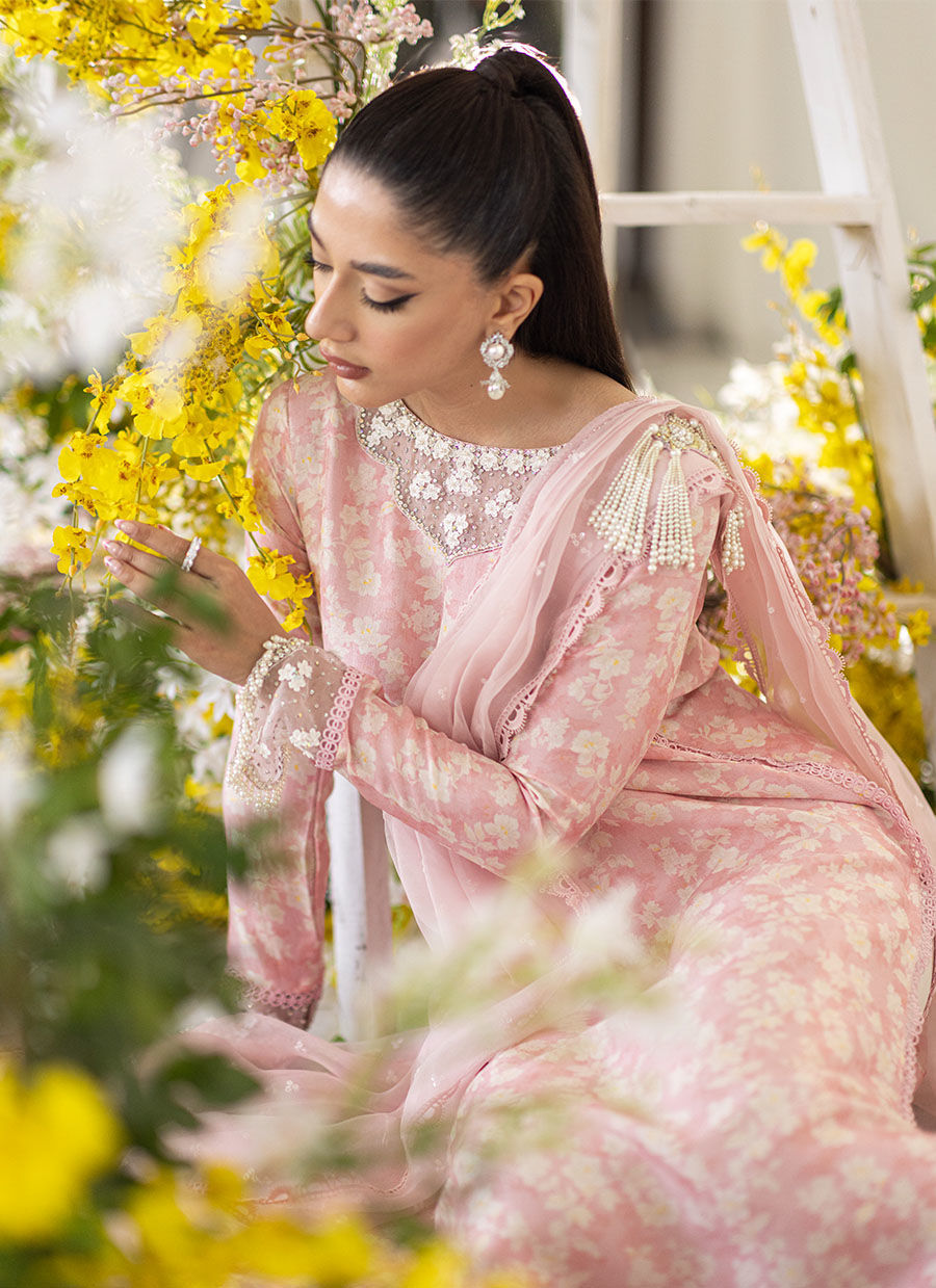 Farah Talib Aziz | Designer Picks 24 | OLEA BLUSH SILK SHIRT AND PRE-DRAPED DUPATTA