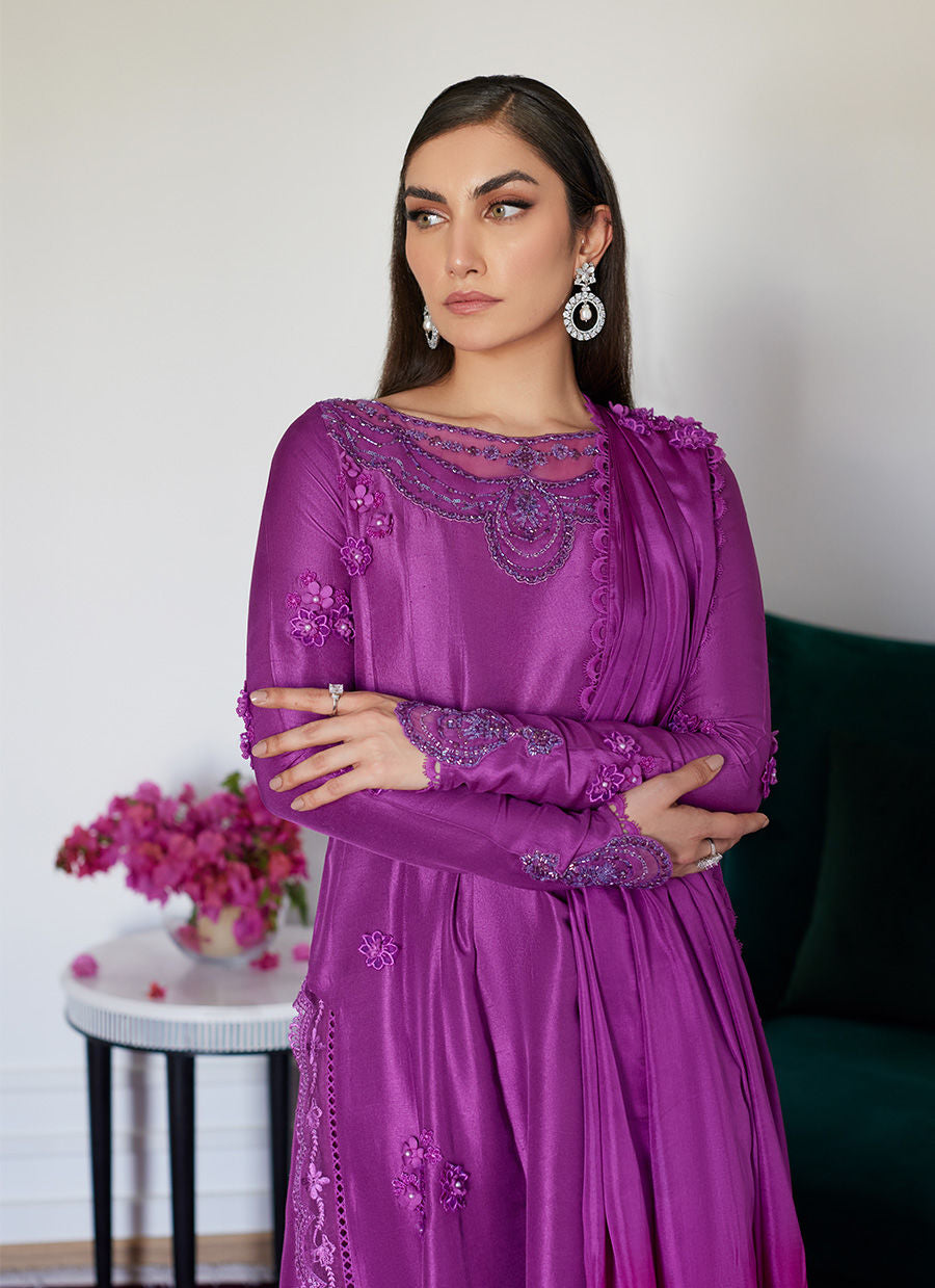 Farah Talib Aziz | Designer Picks 24 | TIERRA MUTED MAGENTA EMBROIDERED RAW SILK KALIDAR WITH DUPATTA
