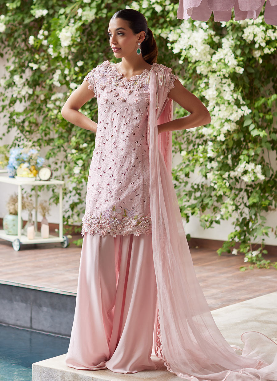 Farah Talib Aziz | Designer Picks 24 | KARINA BLUSH SCHIFFLI RAW SILK SHIRT WITH PRE-DRAPED DUPATTA