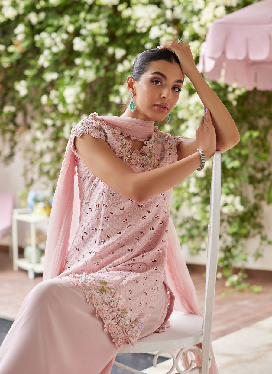 Farah Talib Aziz | Designer Picks 24 | KARINA BLUSH SCHIFFLI RAW SILK SHIRT WITH PRE-DRAPED DUPATTA
