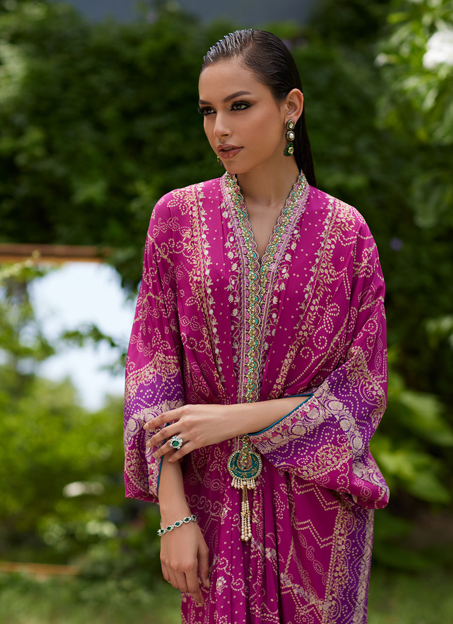Farah Talib Aziz | Mayna Festive Prints 24 | Zahli Magenta Ombre Kaftan