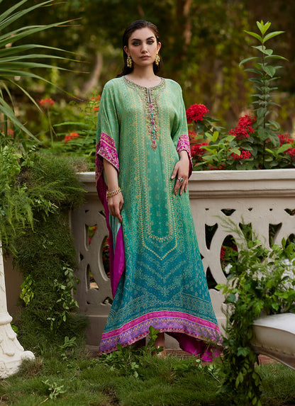 Farah Talib Aziz | Mayna Festive Prints 24 | Persia Teal Ombre Kaftan