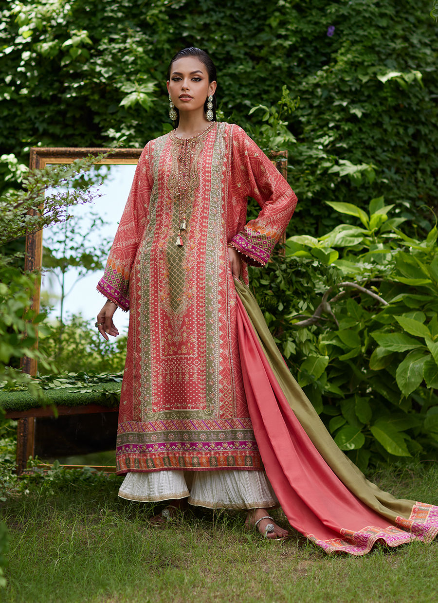 Farah Talib Aziz | Mayna Festive Prints 24 | Bazif Burnt Orange Shirt And Dupatta