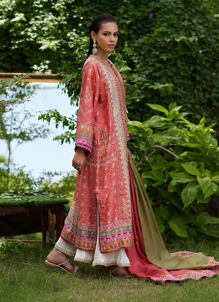 Farah Talib Aziz | Mayna Festive Prints 24 | Bazif Burnt Orange Shirt And Dupatta