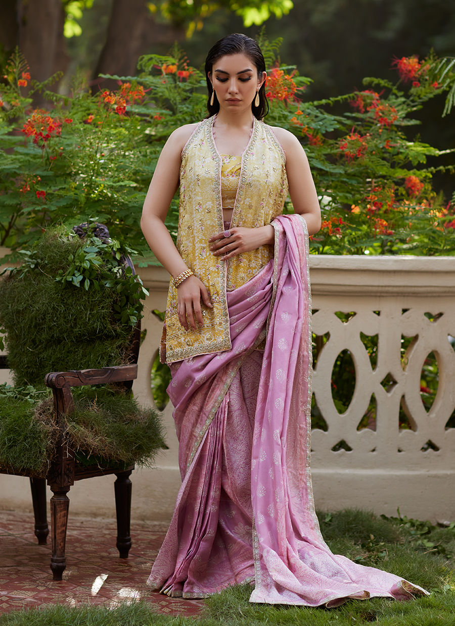 Farah Talib Aziz | Mayna Festive Prints 24 | Iqala Saree, Blouse And Jacket