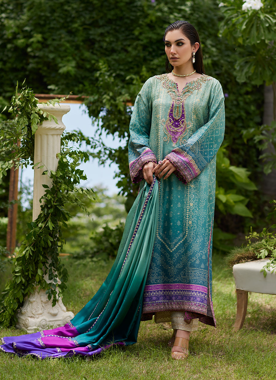 Farah Talib Aziz | Mayna Festive Prints 24 | Leisha Teal Ombre Shirt And Dupatta