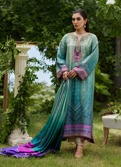Farah Talib Aziz | Mayna Festive Prints 24 | Leisha Teal Ombre Shirt And Dupatta