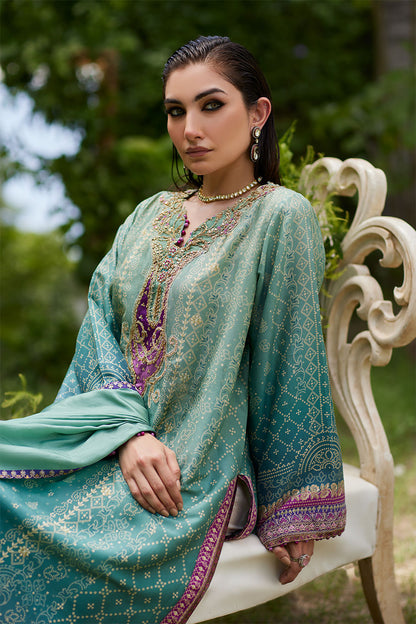 Farah Talib Aziz | Mayna Festive Prints 24 | Leisha Teal Ombre Shirt And Dupatta