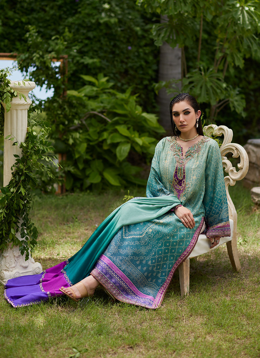 Farah Talib Aziz | Mayna Festive Prints 24 | Leisha Teal Ombre Shirt And Dupatta