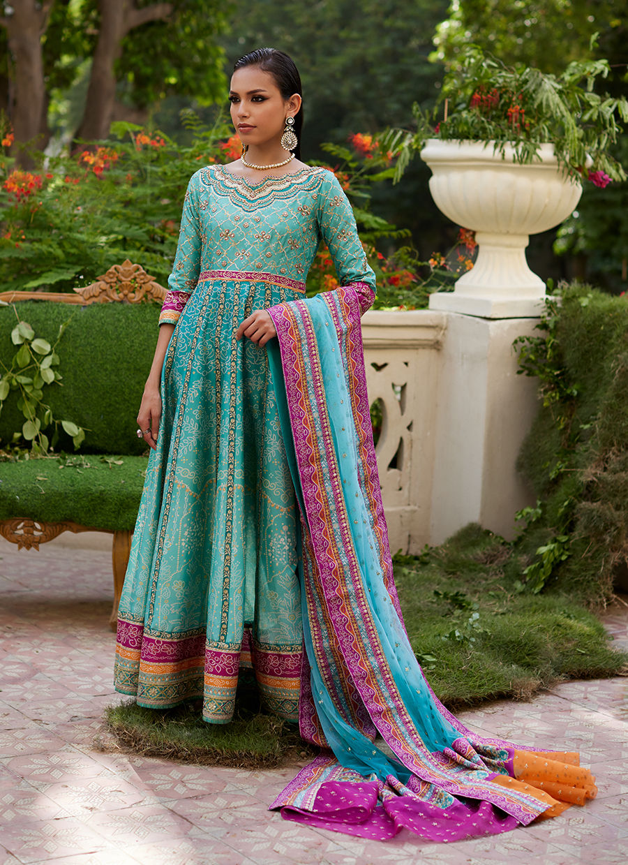 Farah Talib Aziz | Mayna Festive Prints 24 | Zaiba Turquoise Kalidaar