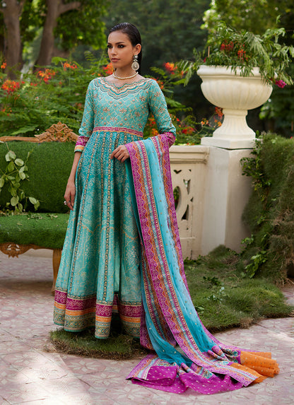 Farah Talib Aziz | Mayna Festive Prints 24 | Zaiba Turquoise Kalidaar
