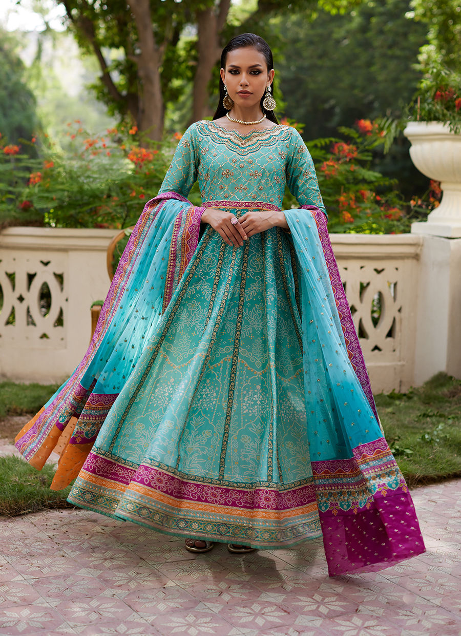 Farah Talib Aziz | Mayna Festive Prints 24 | Zaiba Turquoise Kalidaar