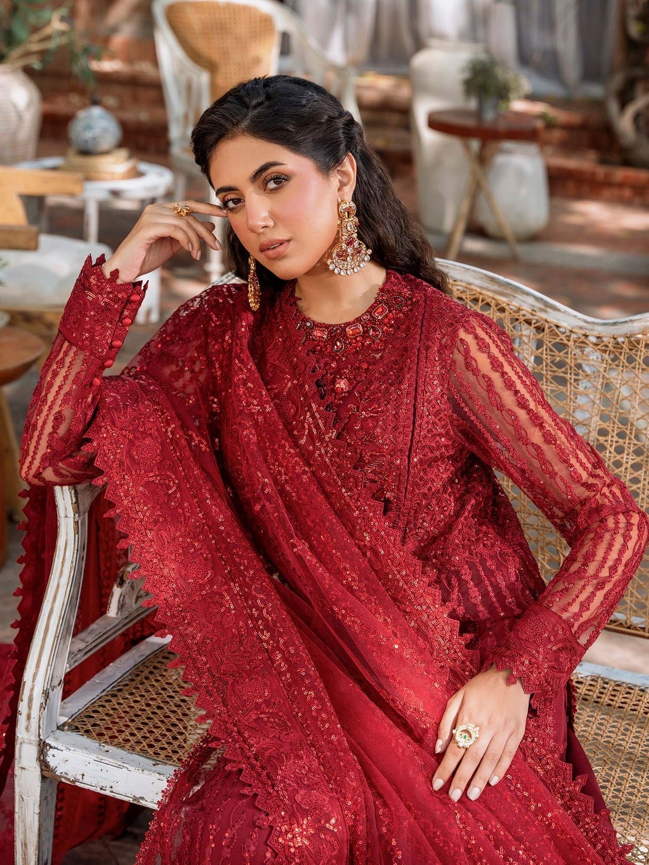 Akbar Aslam Mastani Embroidered Net 3Pc Suit - GUL MOHR - Riwayat-e-khas